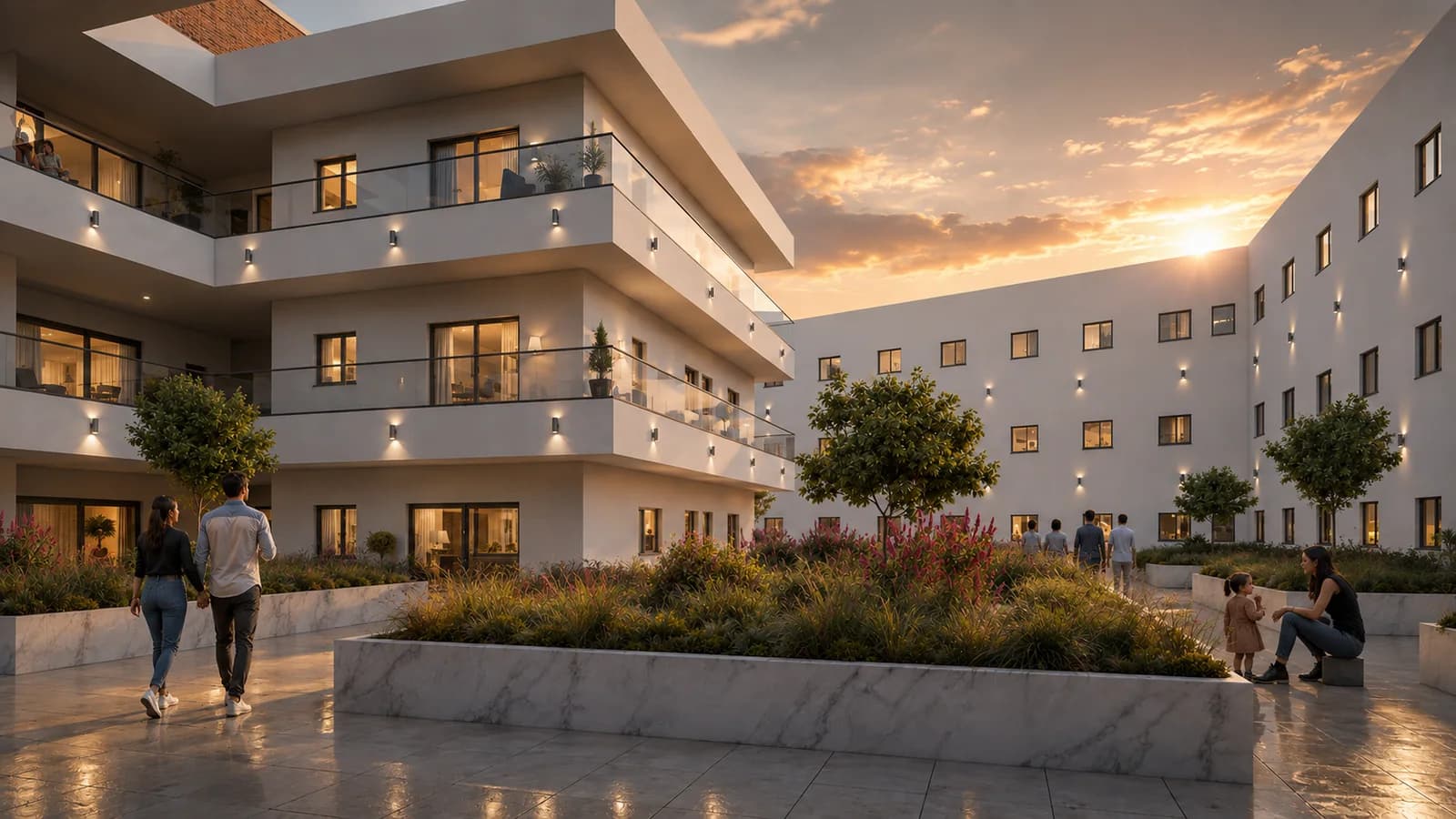 The Whitefriars courtyard at sunset, residents crossing polished paving between raised marble planters of grasses and pink flowering shrubs, apartments lit behind glass balconies