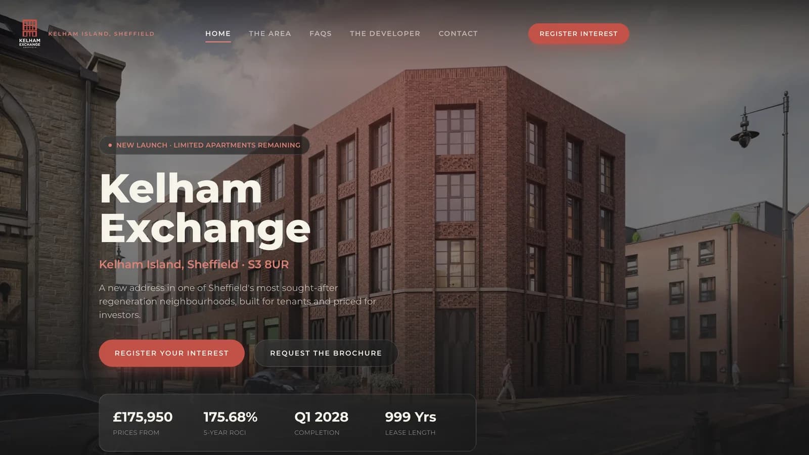 The Kelham Exchange homepage: the scheme name over a CGI of the building, with price from, five-year return, completion date and lease length set along the bottom